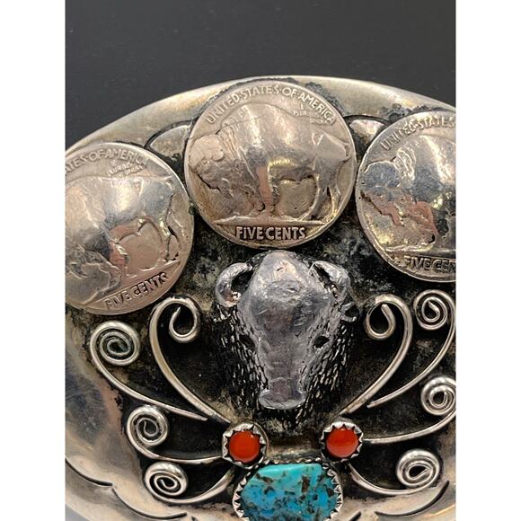 Squaw Wrap Vintage Native American Turquoise Coral Buffalo Nickel Belt Buckle - Picture 2 of 8
